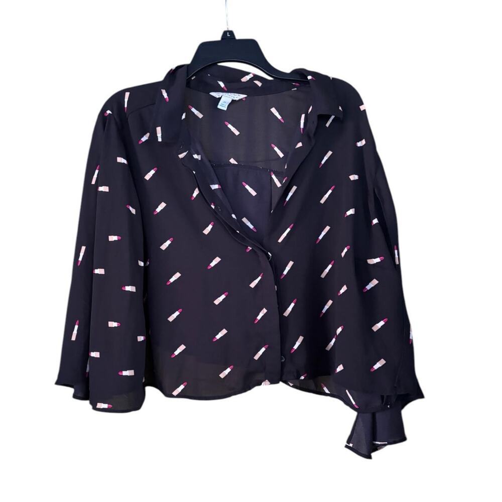 Black Sheer Button Up Blouse with Pink Lipstick Print Flowy Sleeve Trendy Top